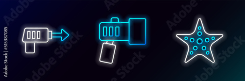Set line Starfish, Fishing harpoon and Flashlight icon. Glowing neon. Vector