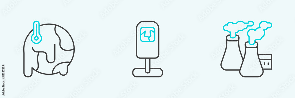 Set line Smoke from factory, Global warming and Trash can icon. Vector Set line Smoke from factory, Global warming and Trash can icon. Vector