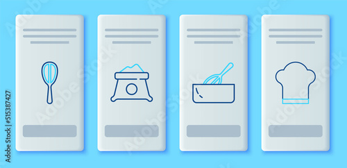 Set line Bag of flour, Kitchen whisk and bowl, and Chef hat icon. Vector