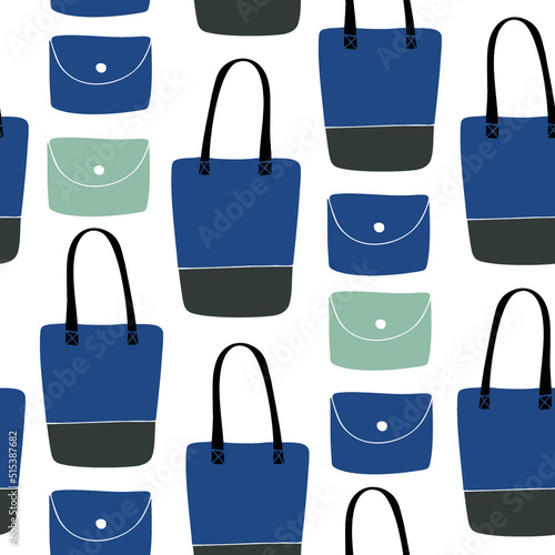 Seamless stylish pattern with beauty drawn womans  shopping bags. Decorative fashion background with blue and gray  handbags and wallets, pouches