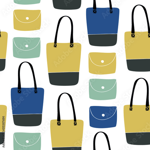 Seamless stylish pattern with beauty drawn womans bags. Decorative fashion background with beige handbags and wallets, pouches