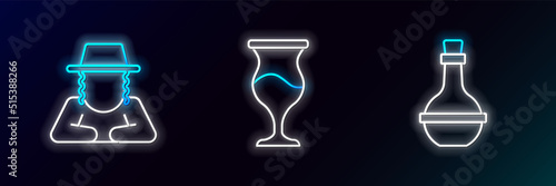 Set line Jewish wine bottle, Orthodox jewish hat and goblet icon. Glowing neon. Vector