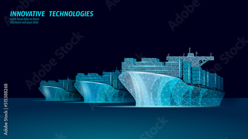 Container ship transportation symbol. 3D low poly sea map industrial technology. Delivery ocean market cargo. International global tank vector illustration