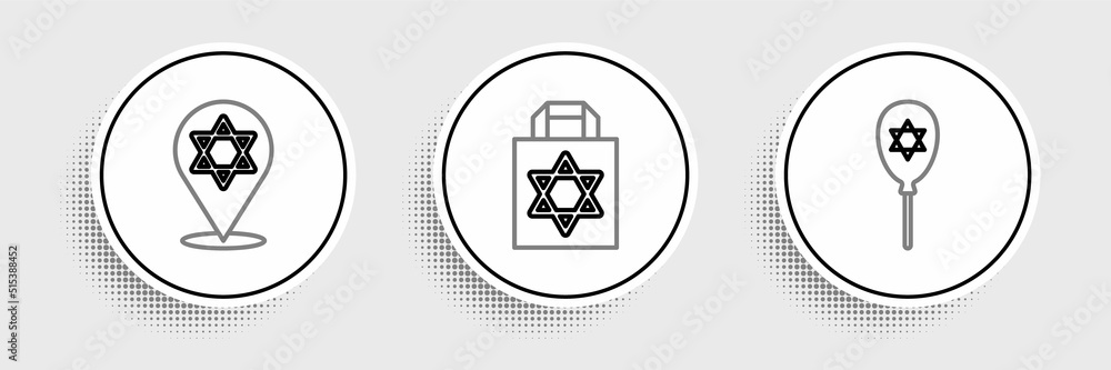 Set line Balloon with star of david, Star David and Shopping bag icon. Vector Set line Balloon with star of david, Star David and Shopping bag icon. Vector