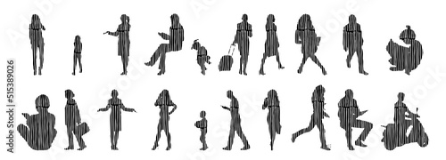 Vector silhouettes, Outline silhouettes of people, Contour drawing, people silhouette, Icon Set Isolated, Silhouette of sitting people, Architectural set	