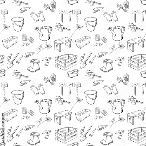 Simple seamless pattern with contour hand drawn garden tool, watering can, shovel, seed, box. Monochrome endless texture with sketch black line art elements on white background. Vector illustration.