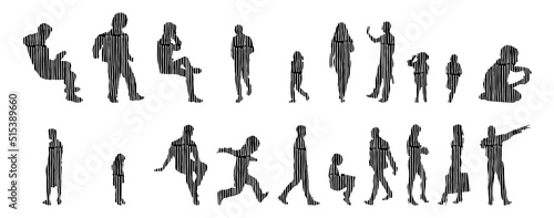 Vector silhouettes, Outline silhouettes of people, Contour drawing, people silhouette, Icon Set Isolated, Silhouette of sitting people, Architectural set	
