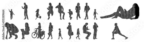 Vector silhouettes, Outline silhouettes of people, Contour drawing, people silhouette, Icon Set Isolated, Silhouette of sitting people, Architectural set	
