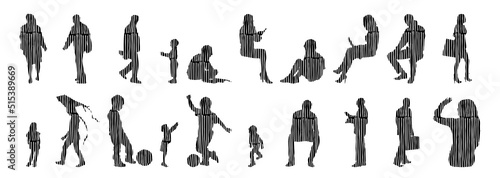 Vector silhouettes, Outline silhouettes of people, Contour drawing, people silhouette, Icon Set Isolated, Silhouette of sitting people, Architectural set	
