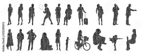 Vector silhouettes, Outline silhouettes of people, Contour drawing, people silhouette, Icon Set Isolated, Silhouette of sitting people, Architectural set	
