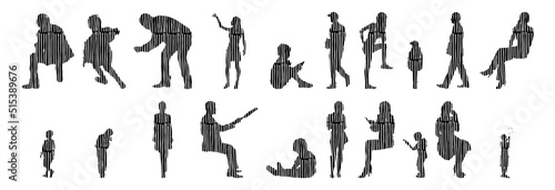 Vector silhouettes, Outline silhouettes of people, Contour drawing, people silhouette, Icon Set Isolated, Silhouette of sitting people, Architectural set	
