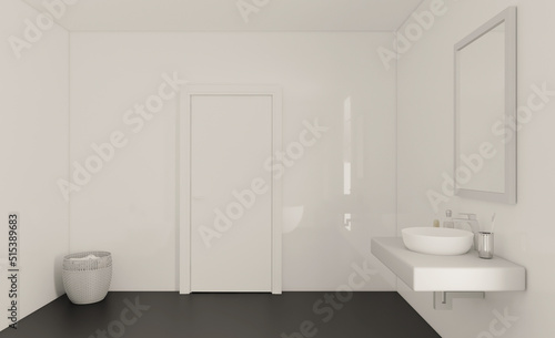Spacious bathroom in gray tones with heated floors  freestanding tub. 3D rendering.