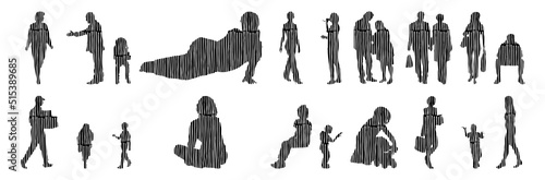 Vector silhouettes, Outline silhouettes of people, Contour drawing, people silhouette, Icon Set Isolated, Silhouette of sitting people, Architectural set	
