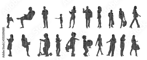 Vector silhouettes, Outline silhouettes of people, Contour drawing, people silhouette, Icon Set Isolated, Silhouette of sitting people, Architectural set	
