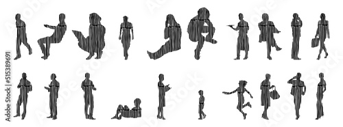 Vector silhouettes, Outline silhouettes of people, Contour drawing, people silhouette, Icon Set Isolated, Silhouette of sitting people, Architectural set	
