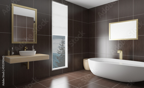 Modern bathroom including bath and sink. 3D rendering.. Mockup.   Empty paintings