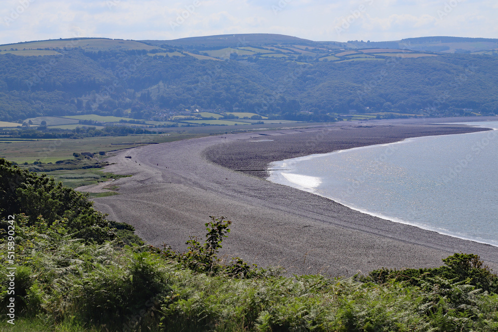 A view of the bay at Bossington in Somerset taken from high up at Hurlstone point