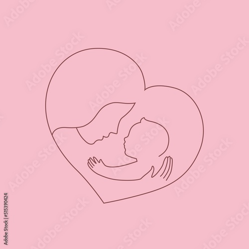 Heart shaped logo, mother with a baby in her arms. Happy maternity. Line art. Hugs with love