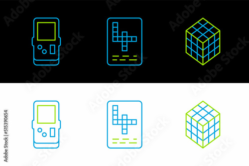 Set line Rubik cube, Tetris and Crossword icon. Vector