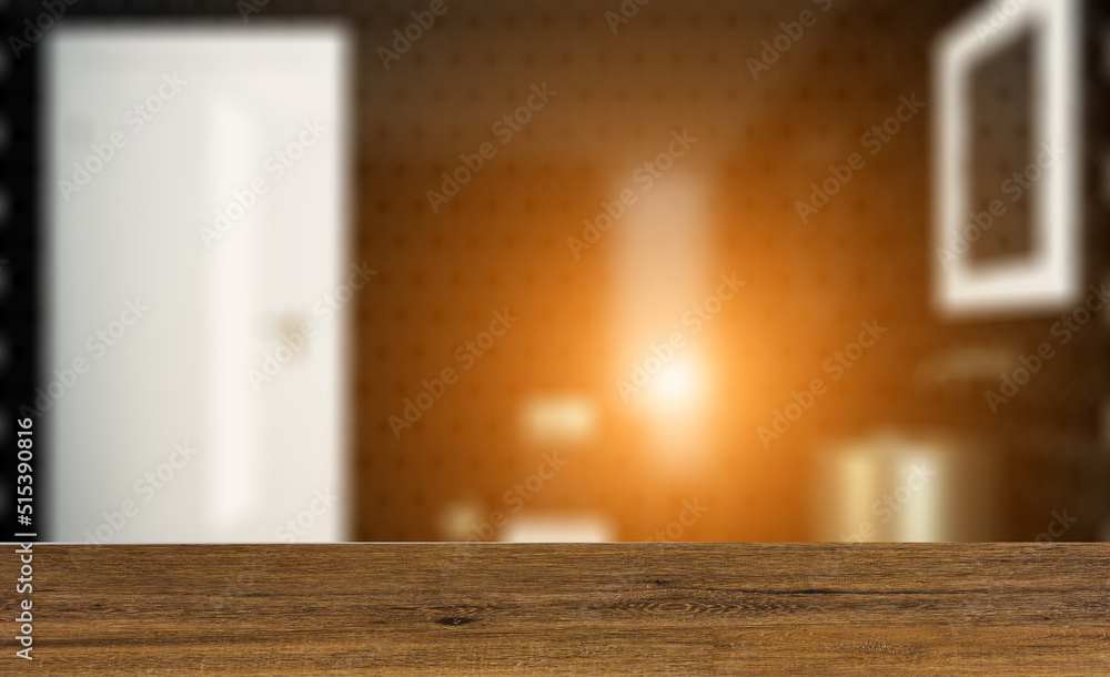 Modern bathroom including bath and sink. 3D rendering.. Sunset.. Background with empty wooden table. Flooring. Modern bathroom including bath and sink. 3D rendering.. Sunset.. Background with empty wooden table. Flooring.