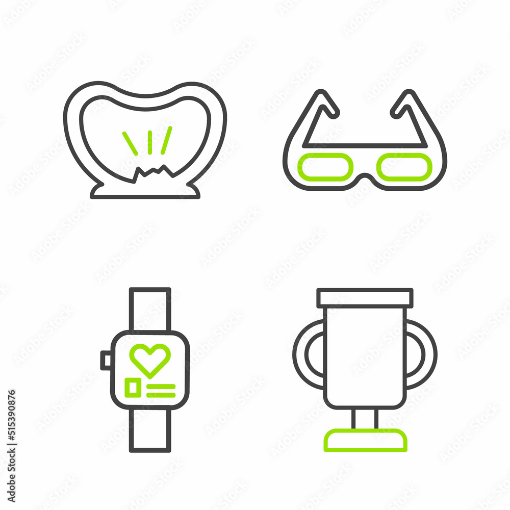 Set line Award cup with bicycle, Smart watch, Sport cycling sunglasses and Bicycle punctured tire icon. Vector Set line Award cup with bicycle, Smart watch, Sport cycling sunglasses and Bicycle punctured tire icon. Vector