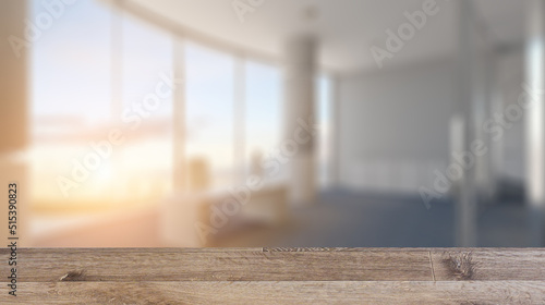 Modern meeting room. 3D rendering.. Sunset.. Background with empty wooden table. Flooring.