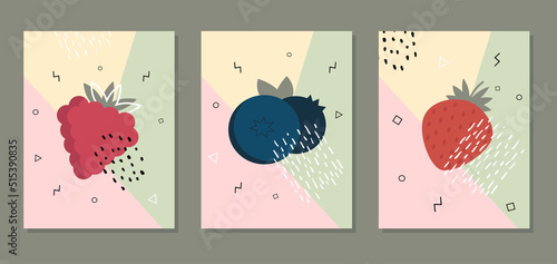 Abstract posters with berries. Collection of contemporary art. Abstract elements, fruits for social networks, cards, prints. Memphis style raspberries, blueberries, strawberries. Vector illustration