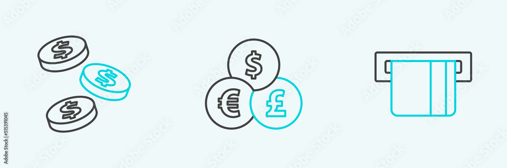 Set line Credit card inserted, Coin money with dollar and Currency exchange icon. Vector Set line Credit card inserted, Coin money with dollar and Currency exchange icon. Vector
