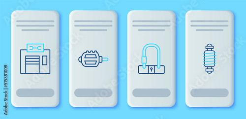Set line Bicycle pedal, lock, repair service and suspension icon. Vector