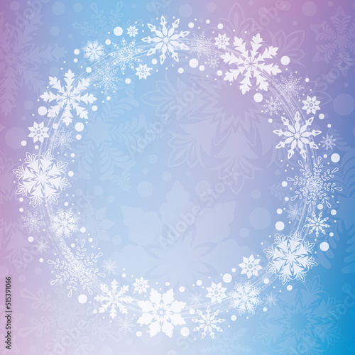Elegant frosted white snowflakes swirling in a circle isolated on a transparent snowflake purple and blue snowy background. Square snowflake artwork with copy space Winter wonderland scene.