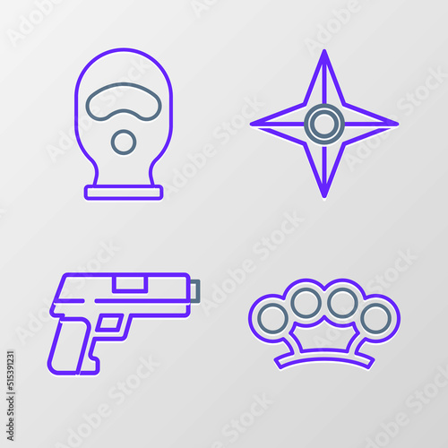 Set line Brass knuckles, Pistol or gun, Japanese ninja shuriken and Balaclava icon. Vector