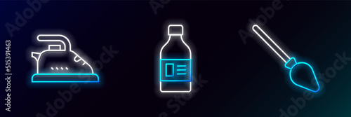 Set line Handle broom, Electric iron and Bottle for cleaning agent icon. Glowing neon. Vector