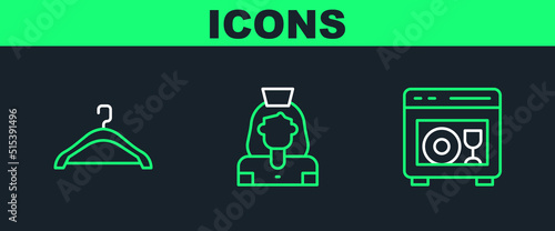 Set line Dishwasher machine, Hanger wardrobe and Cleaning lady service icon. Vector