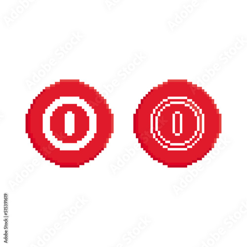 Power, switch on off vector icon on red round button. Pixel art. 8 bit logo. eps10