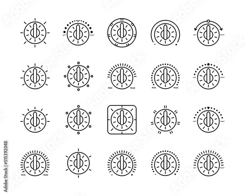 Set of Vector Icons on Theme Adjustment, Mode Selection, Control, Switching, Change. Presented Balance, Power, Minimum, Maximum, Left, Right Power Mode Control Panel