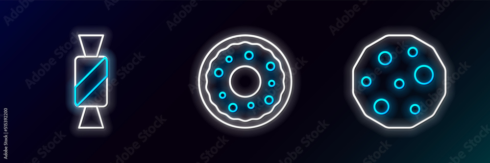 Set line Cookie or biscuit, Candy and Donut icon. Glowing neon. Vector Set line Cookie or biscuit, Candy and Donut icon. Glowing neon. Vector
