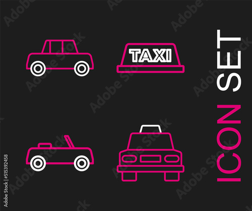 Set line Taxi car, Car, roof and icon. Vector