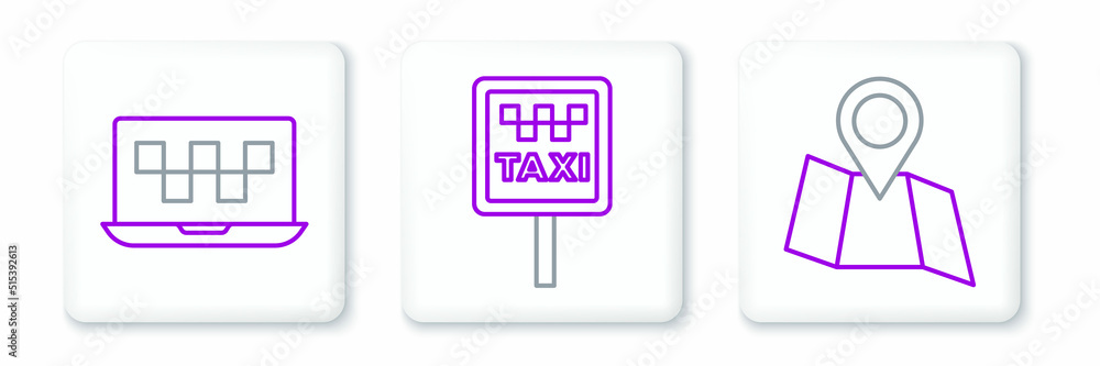 Set line Folded map with location, Laptop call taxi service and Road sign for stand icon. Vector