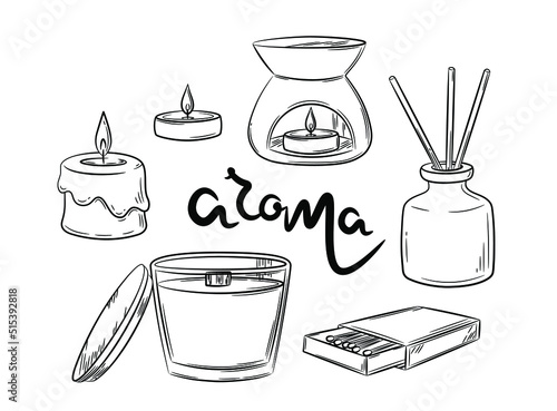 A set of items for aroma in the house. Choice of interior accessories. Scented candles, diffuser, aroma lamp. Isolated vector illustration in line style.