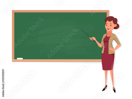 Young woman teacher on lesson at blackboard in classroom isolated on white background. Vector stock