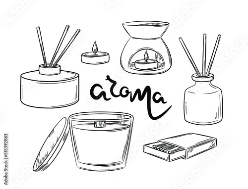 A set of items for aroma in the house. Choice of interior accessories. Scented candles, diffuser, aroma lamp. Isolated vector illustration in line style.