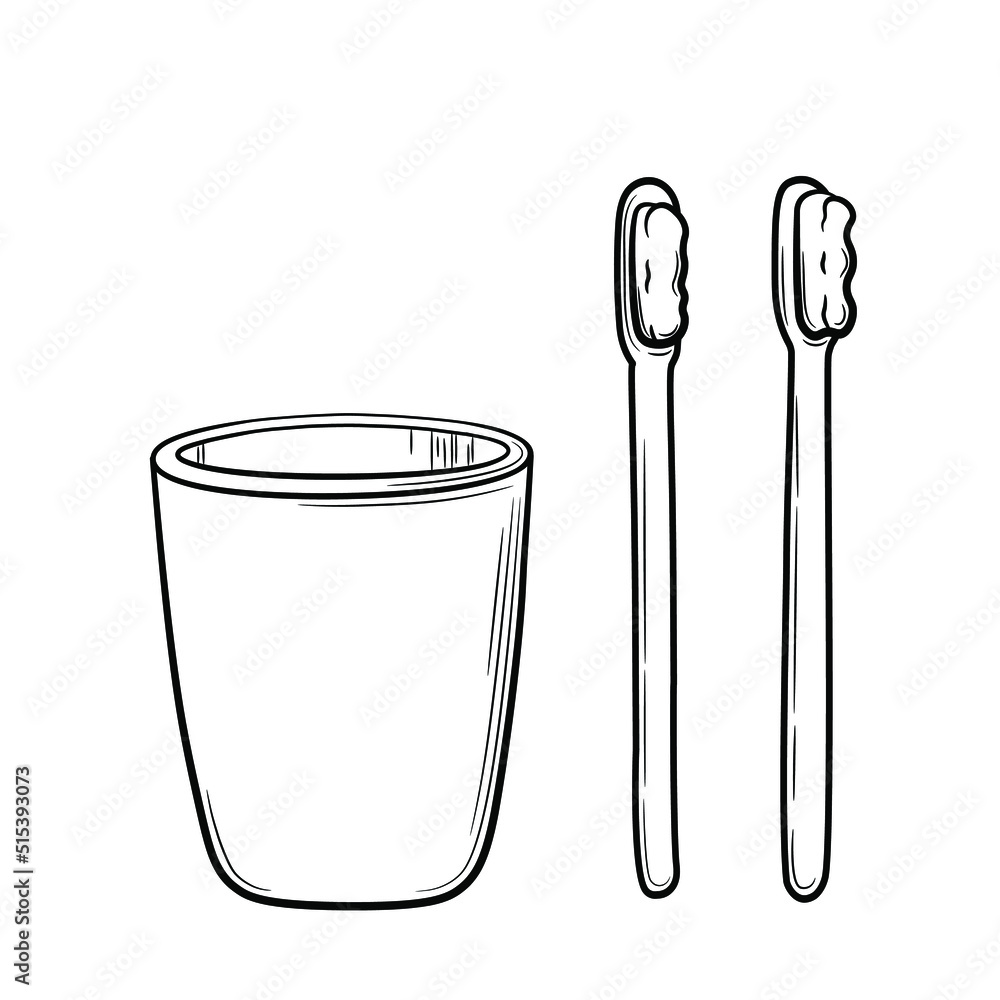 A selection of an empty glass and a set of toothbrushes for the family. Black line art in hand drawn doodle style. Isolated vector illustration. A selection of an empty glass and a set of toothbrushes for the family. Black line art in hand drawn doodle style. Isolated vector illustration.