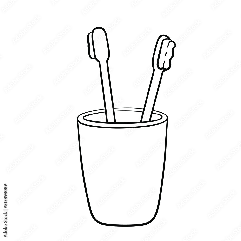 A set of toothbrushes for the family in a plastic cup. Black line art in hand drawn doodle style. Isolated vector illustration. A set of toothbrushes for the family in a plastic cup. Black line art in hand drawn doodle style. Isolated vector illustration.