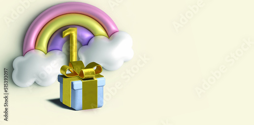 Happy 1st birthday number and gifts on a yellow background. 3D illustration.