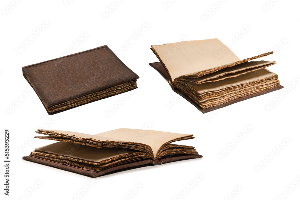 An open empty old notebook isolated on a white background. An open empty old notebook isolated on a white background.