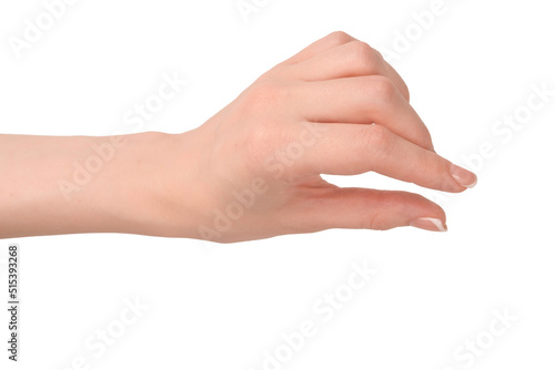 Woman hands with french manicure isolated on white bacckground.
