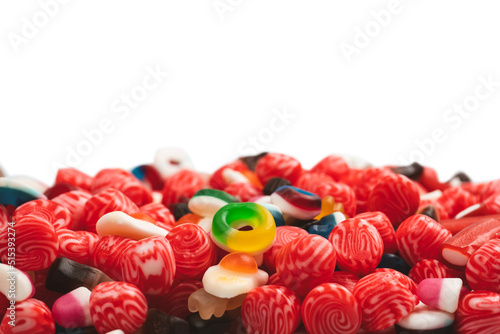 Tasty mix of jelly colorful candies isolated on a white background.