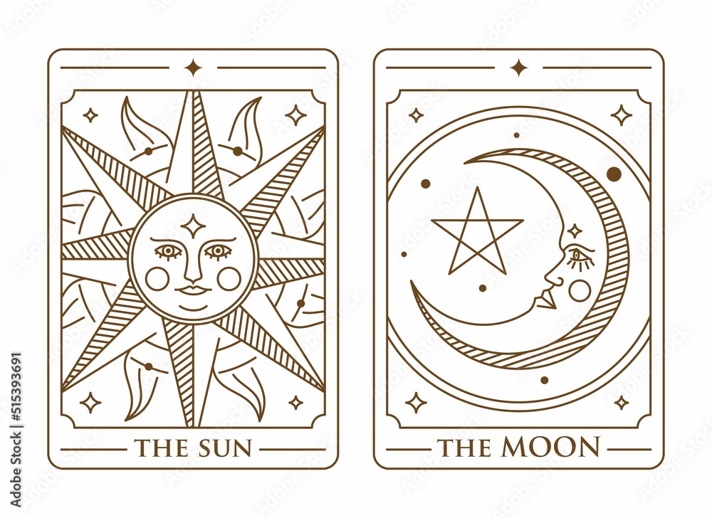 Set of decorative tarot cards the sun and the moon. Vintage mystic sun and  moon tarot