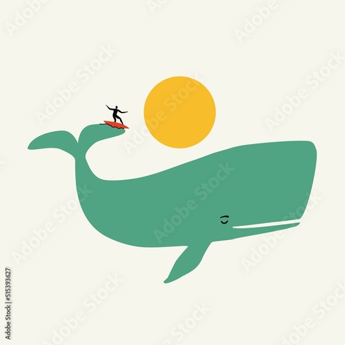 Vector illustration with blue whale as ocean with wave and surf boarder silhouette riding on surfboard with sun on background. Trendy funny apparel print design, home decoration poster template
