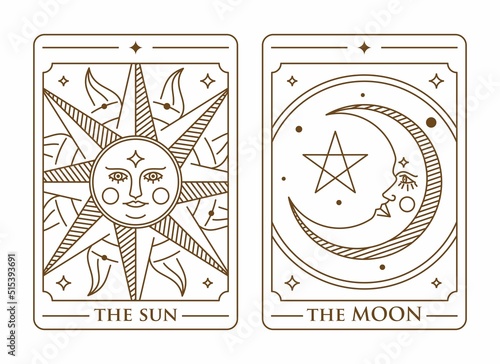  Set of decorative tarot cards the sun and the moon. Vintage mystic sun and moon tarot card in ornamental line art style. Magical banner for astrology. Sun with face. Moon with face.